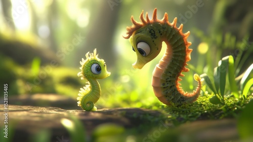 A baby cartoon seahorse following its parent, looking curious.