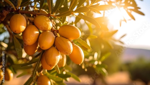Ripe Argan Fruits on Branch with Sunset.