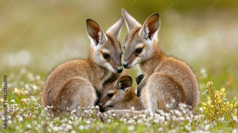 Fototapeta premium Three baby wallabies in a grassy field with flowers.