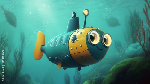 A cartoon deep-sea adventure with a submarine exploring marine life.