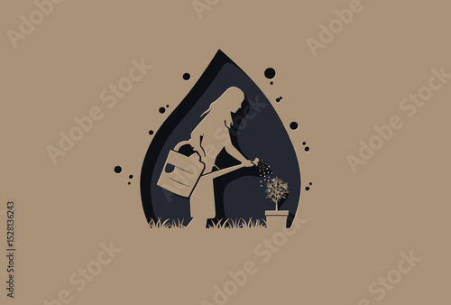 Silhouette of a woman watering a plant inside a water droplet shape on a brown background