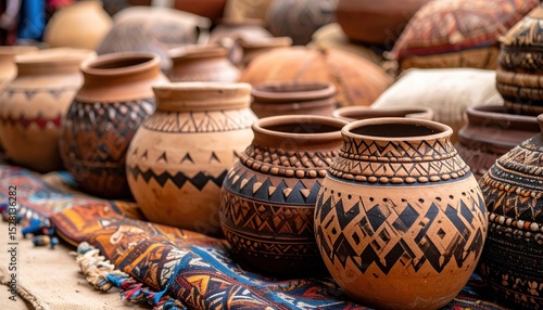Handcrafted Clay Pots with Intricate Designs at a Vibrant Market A Collection of Traditional Pottery