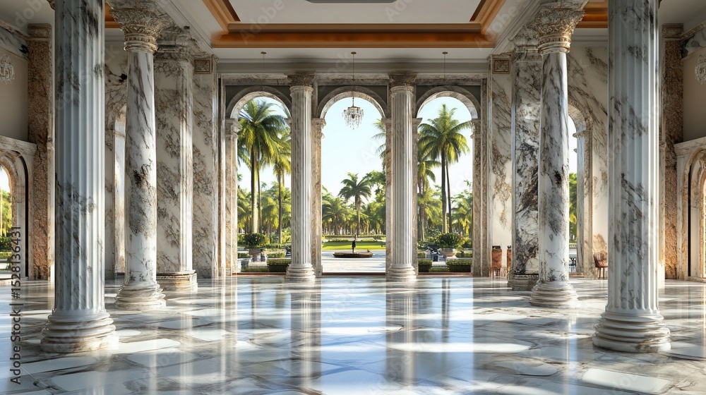 Naklejka premium Luxurious marble hall, tropical garden view, elegant interior design, photorealistic, digitally enhanced