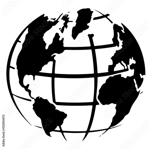 A black and white illustration of a globe, showing the continents and meridians