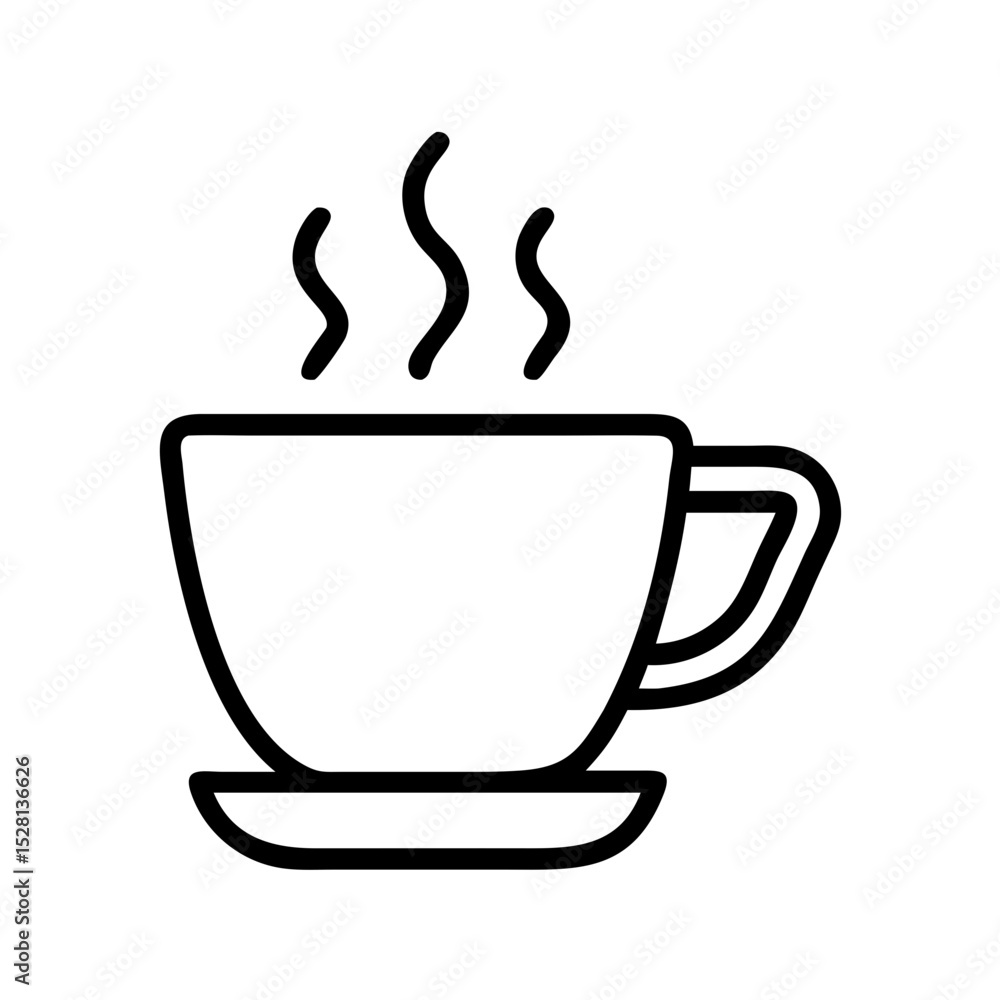 Steaming coffee cup icon on saucer. Simple coffee cup image with hot steam rising. This graphic coffee cup design is perfect for cafe menu or website icon. Steaming coffee cup icon on saucer. Simple coffee cup image with hot steam rising. This graphic coffee cup design is perfect for cafe menu or website icon.