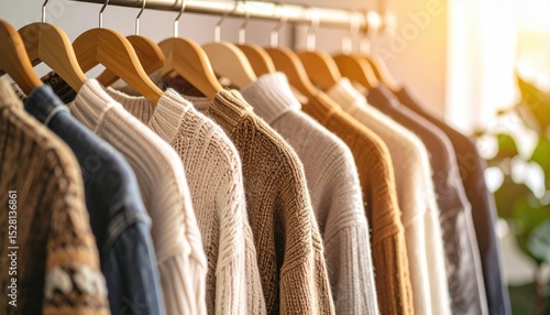 Wallpaper Mural Warm Knitwear Collection Soft Neutral Colored Sweaters Hanging on Wooden Hangers Torontodigital.ca