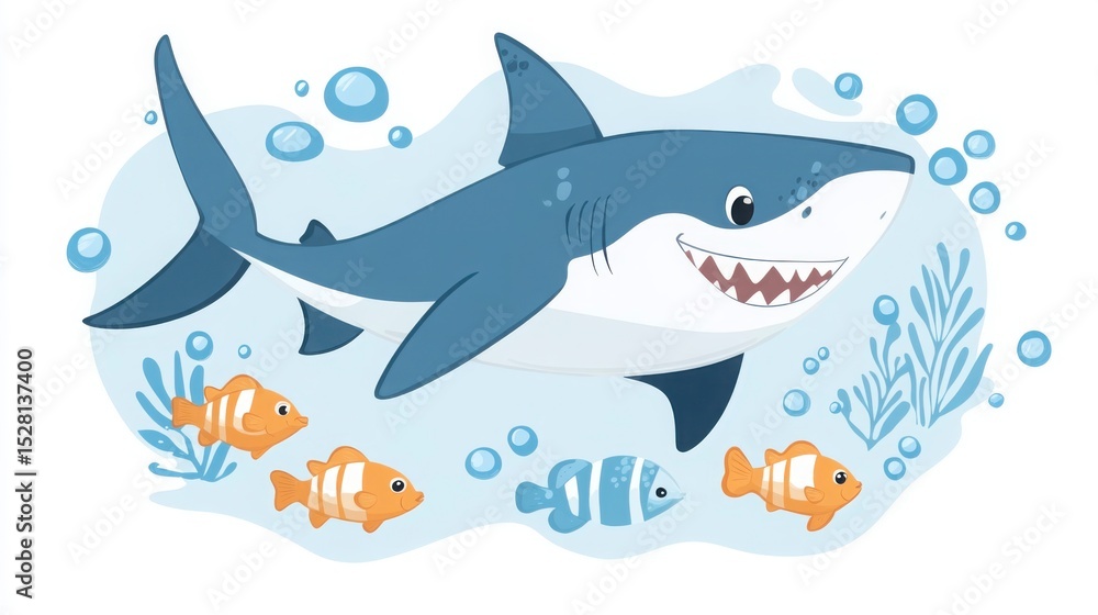 Obraz premium A cartoon shark swimming alongside small fish, smiling.