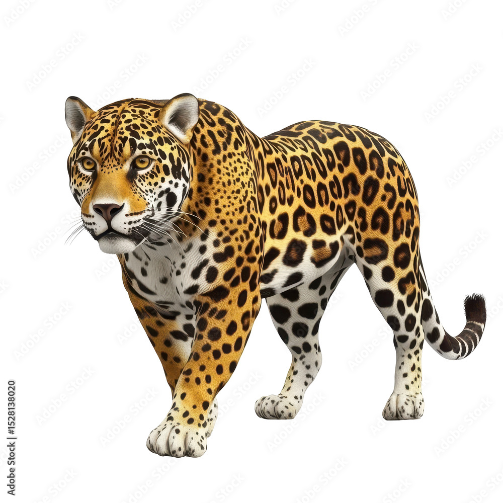 Fototapeta premium Jaguar walks gracefully through a dense rainforest during the daylight hours