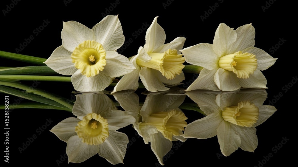 Fototapeta premium Three white and yellow daffodils with green stems and leaves reflected on a black background.