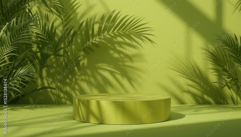 Fototapeta premium Olive Green Cylindrical Podium with Palm Leaf Shadow Product Display Mockup