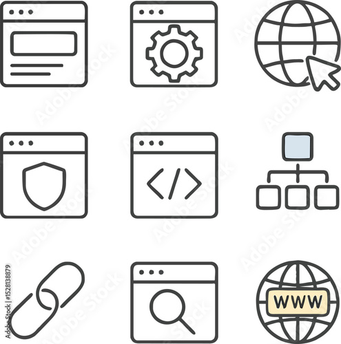 Web Development and Networking Icons: Browser, Gear, Globe, Shield, Code, and Chain