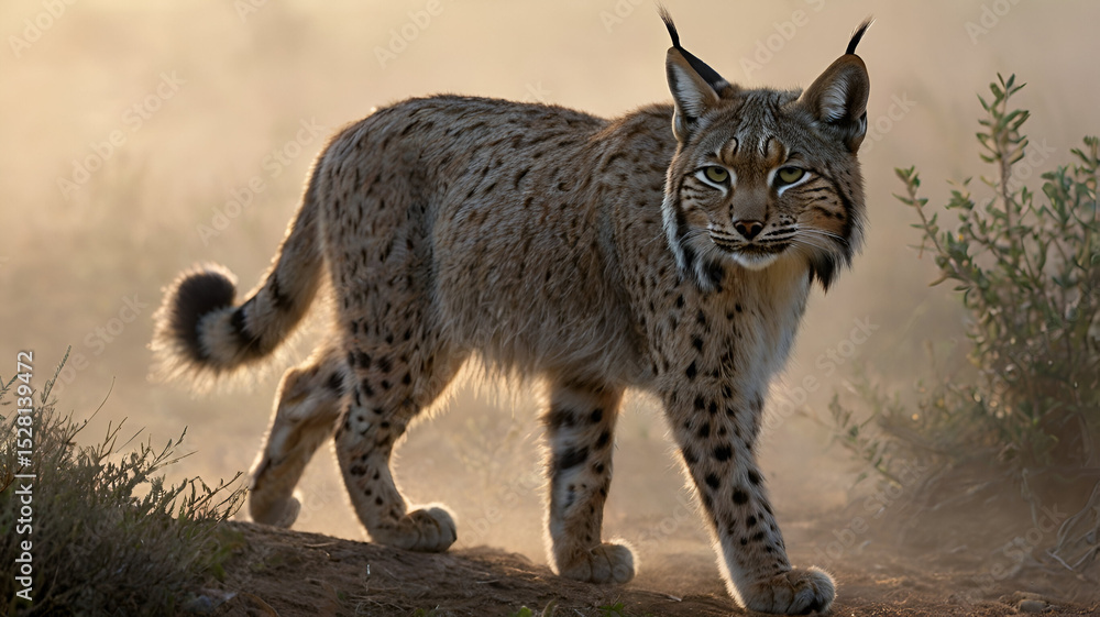 Fototapeta premium An Iberian Lynx listens as a chorus of birds sings nearby.