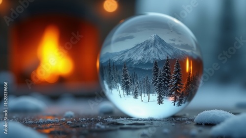 Wallpaper Mural A crystal ball reveals a snowy mountain inside, reflecting a warm fireplace on its surface—a contrast of cozy and magical scenes.\n, ultra detailed, 8k resolution, HDR, professional Torontodigital.ca