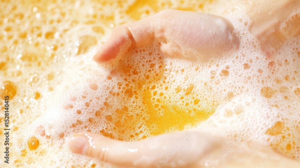 Fototapeta premium Close-up of turmeric soap lather in hands under water, foamy texture, warm yellow glow, clean skin feeling