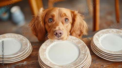 This charming image shows a golden retriever puppy with big, expressive eyes staring hopefully at a stack of empty plates on the dining table, showcasing its longing for food.