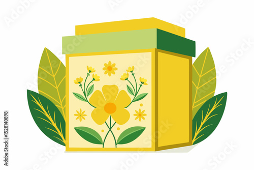 Botanical illustration of mustard plant with yellow flowers, green leaves, black and yellow mustard seeds, and seed pods. Herbal and culinary-themed flat lay design on a white background, ideal for ed