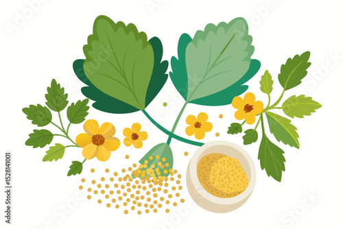Botanical illustration of mustard plant with yellow flowers, green leaves, black and yellow mustard seeds, and seed pods. Herbal and culinary-themed flat lay design on a white background, ideal for ed