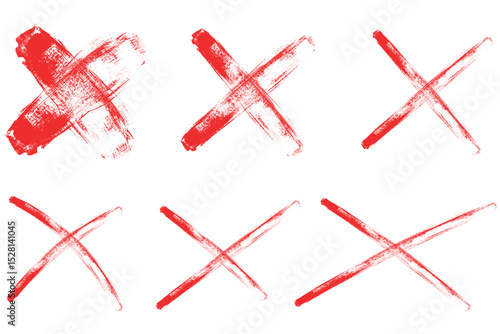 Set of hand drawn red cross mark icon, letter x design graphic element, deny or disagree symbol