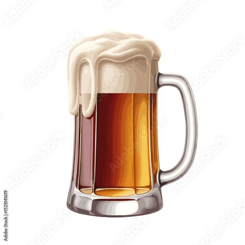 Frosted beer mug filled with golden beer and frothy head on a white background for beverages and celebration themes