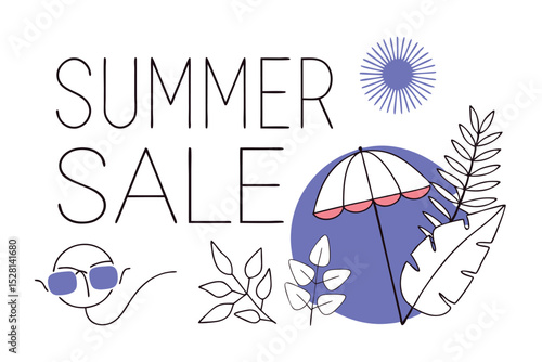 Tropical fern leaves and refreshing drink summer sale illustration
