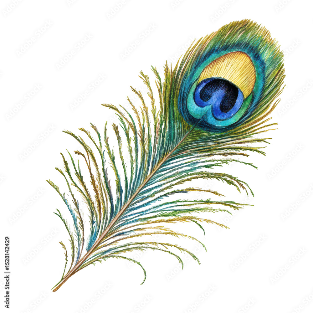 Fototapeta premium Vibrant peacock feather resting on a plain background showcasing intricate patterns and colors