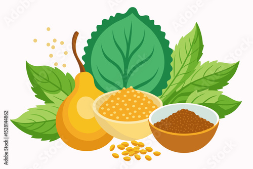 Botanical illustration of mustard plant with yellow flowers, green leaves, black and yellow mustard seeds, and seed pods. Herbal and culinary-themed flat lay design on a white background, ideal for ed