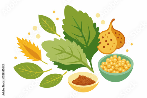 Botanical illustration of mustard plant with yellow flowers, green leaves, black and yellow mustard seeds, and seed pods. Herbal and culinary-themed flat lay design on a white background, ideal for ed