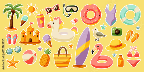 A colorful collection of beach and pool items, including a unicorn, a flamingo, and a camera