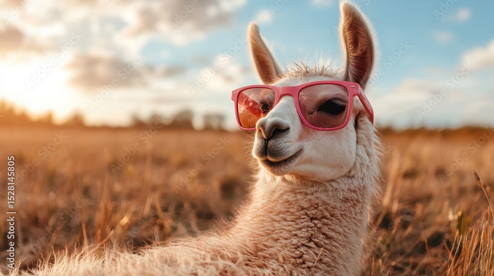 Obraz premium A charming llama wearing pink sunglasses lounges in a sunlit field, showcasing a whimsical and playful spirit that embodies fun and lightheartedness in nature.