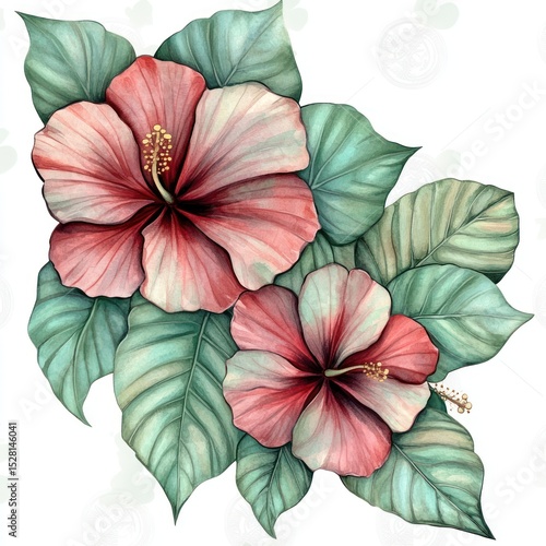 Wallpaper Mural Delicate hibiscus flowers with soft colors and textured leaves Torontodigital.ca