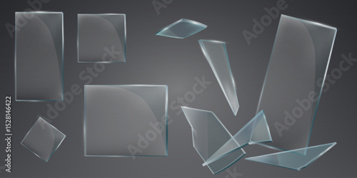 Realistic broken glass and fragments. On a transparent background.