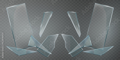 Realistic broken glass and fragments. On a transparent background.