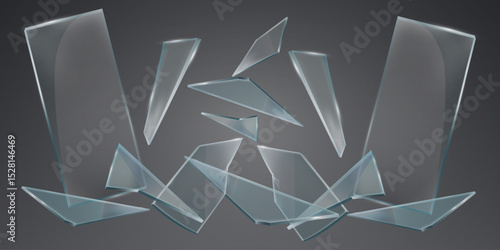 Realistic broken glass and fragments. On a transparent background.