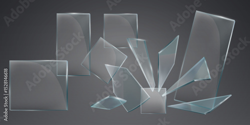 Realistic broken glass and fragments. On a transparent background.