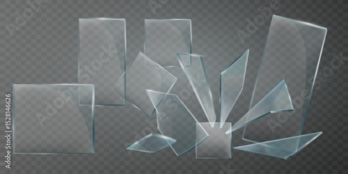 Realistic broken glass and fragments. On a transparent background.