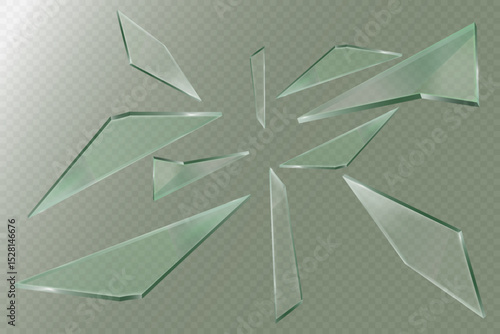 Realistic broken glass and fragments. On a transparent background.