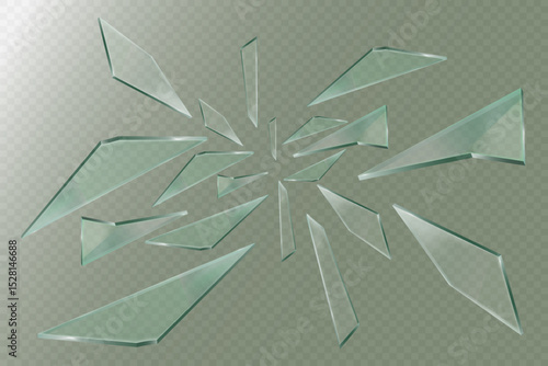Realistic broken glass and fragments. On a transparent background.