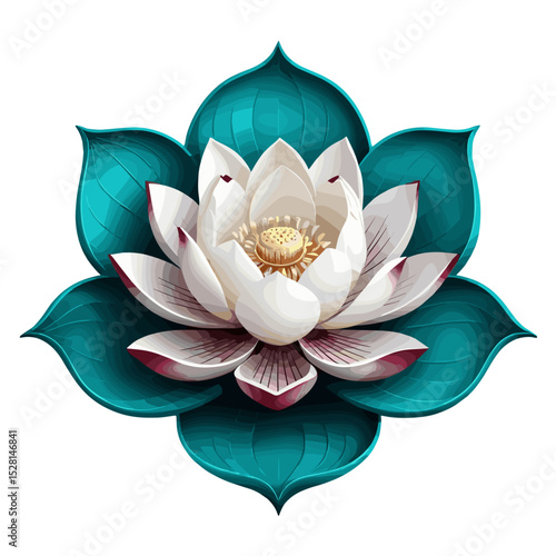 Beautiful decorative lotus flower with vibrant petals and detailed leaves on a white background