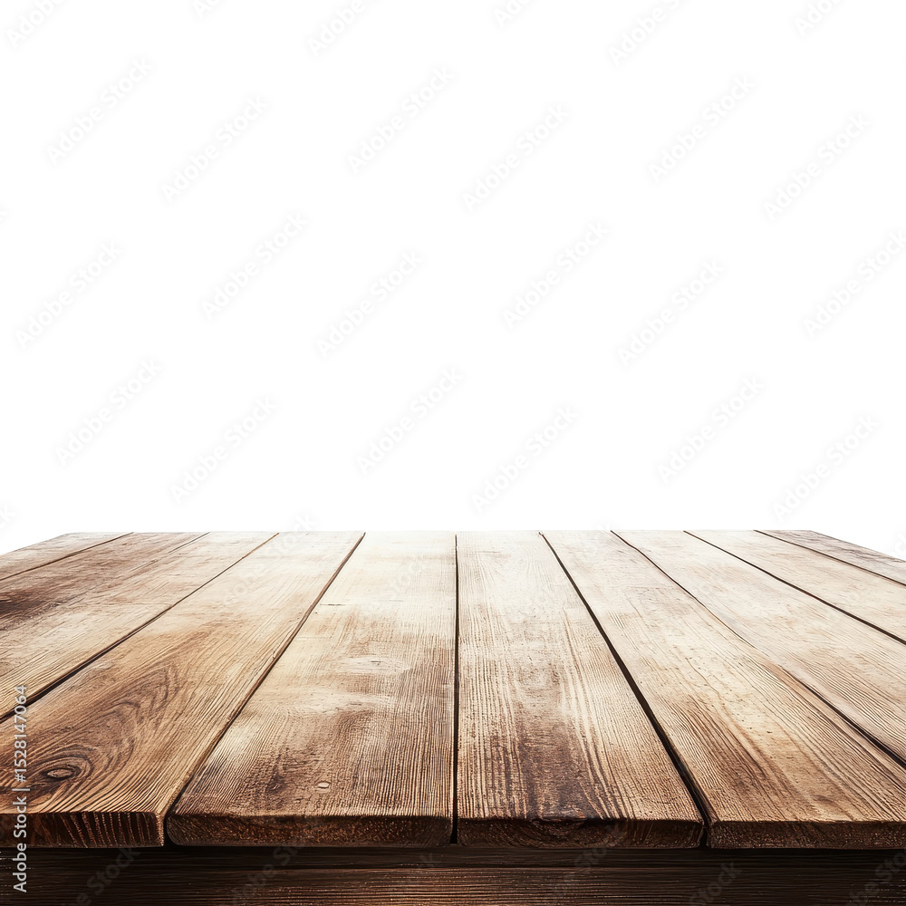 Rustic wooden planks form a table surface against a white background creating a versatile presentation platform Rustic wooden planks form a table surface against a white background creating a versatile presentation platform