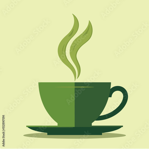Green tea cup with steam above on a light green background  