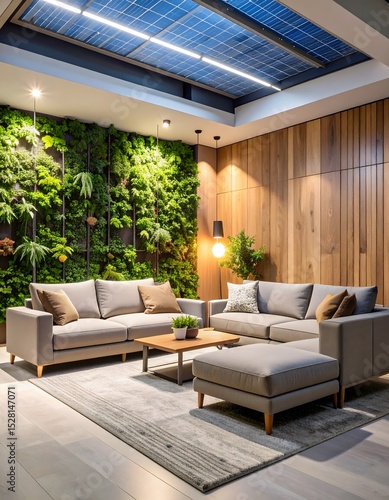 Modern living room interior with green wall and solar panel skylight
