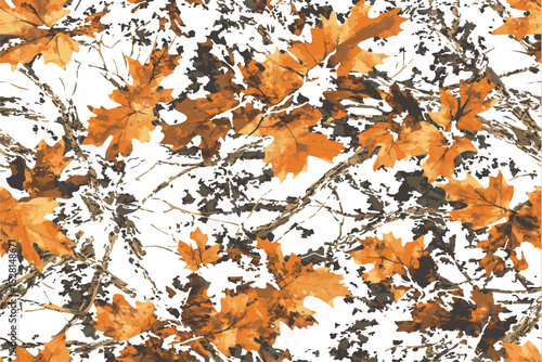 A camouflage pattern with an autumn color scheme, featuring leaves and branches for hunting.Hyper Realistic Oak Leaves Camouflage Seamless Pattern, Hunting Design with Twigs, Branches, and White BG.