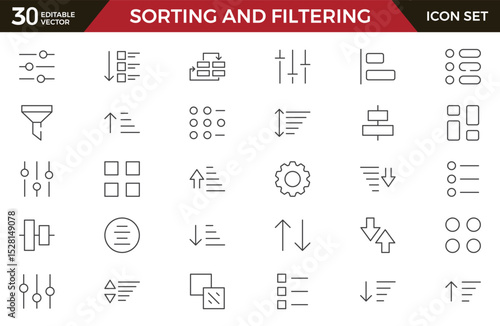 Set of sorting and filtering related linear icons on white background. Templates of data processing, structure order, digital management and other icons for business. Flat cartoon vector illustration.