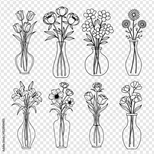 Elegant Line Art Flower Bouquets in Vases Simple Floral Designs for Home Decor