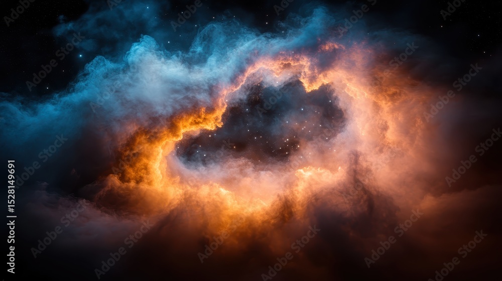 Fototapeta premium An enchanting view of a swirling cosmic cloud, blending vibrant blues and fiery oranges, creating an ethereal atmosphere that captivates the imagination.