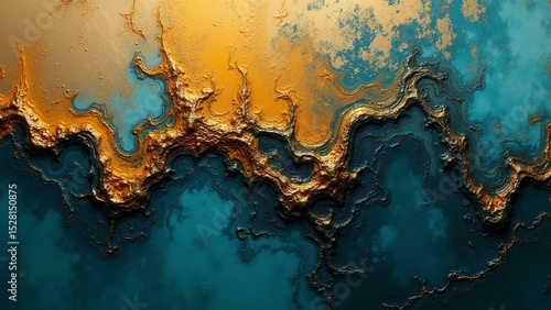 Molten gold & teal abstract fluid art with organic cells & metallic veins, high-res macro, bright lighting, textured.n, ultra detailed, 8k resolution, HDR, professional