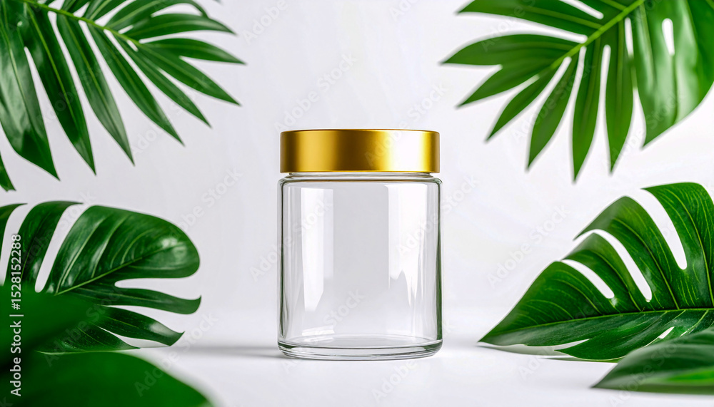Clear Glass Jar with Golden Lid and Tropical Leaves Clear Glass Jar with Golden Lid and Tropical Leaves