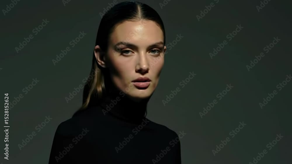 Woman with wetlook hair wearing a black turtleneck lit by spotlight Woman with wetlook hair wearing a black turtleneck lit by spotlight