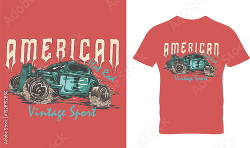 American hot rod vintage sport t-shirt design.Colorful and fashionable t-shirt design for men and women.