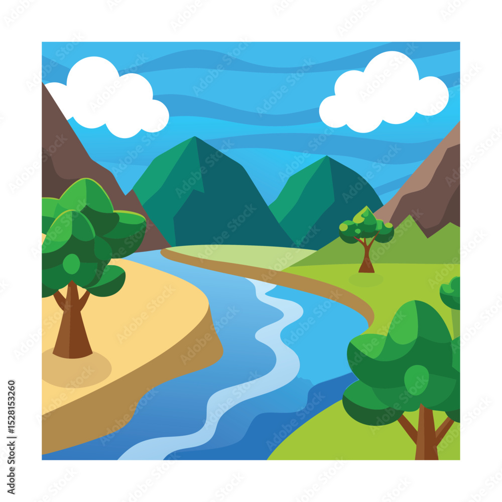 Obraz premium Minimalist coastal valley with trees and water